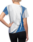 Ladies Striking blue on white sport top