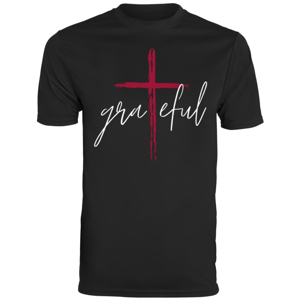 Grateful in red across a white cross.