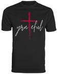 Grateful in red across a white cross.